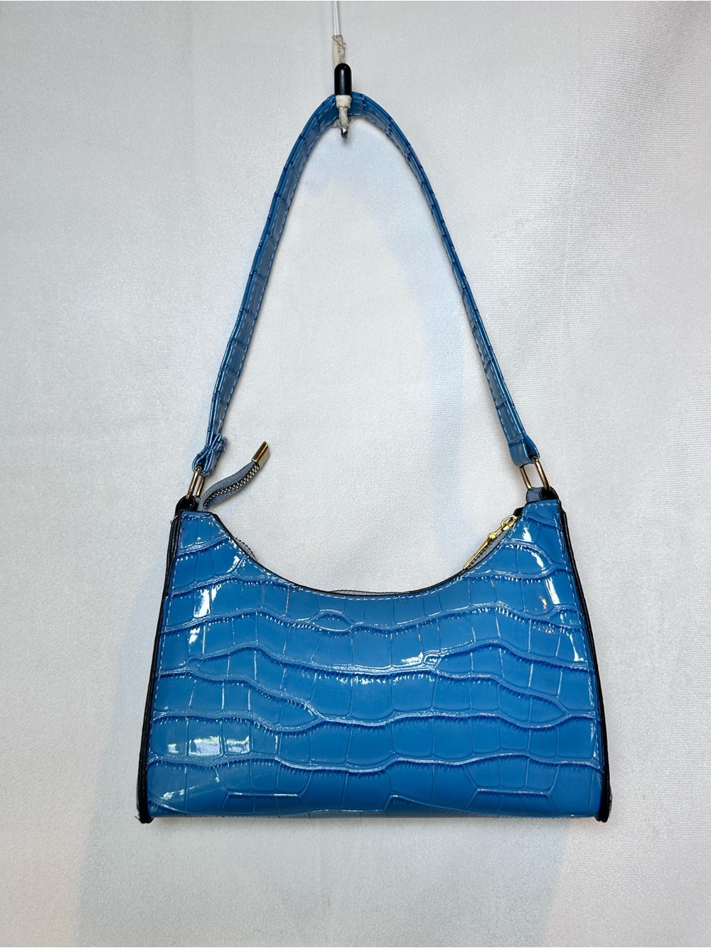 Y2K Shiny Blue Croc Embossed Baguette Shoulder Bag Faux Leather Underarm Purse